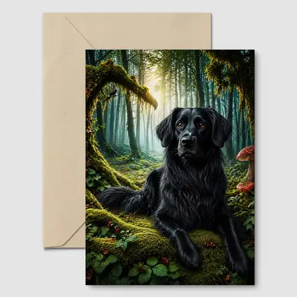 Black Dog Resting in Enchanted Mossy Forest