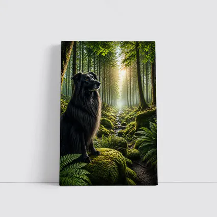 Black Border Collie Sitting in Sunlit Forest