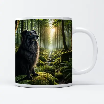 Black Border Collie Sitting in Sunlit Forest