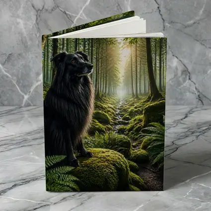 Black Border Collie Sitting in Sunlit Forest