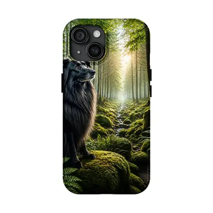 Black Border Collie Sitting in Sunlit Forest