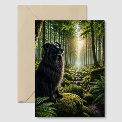 Black Border Collie Sitting in Sunlit Forest
