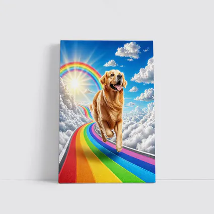 Golden Retriever Running on Rainbow Sky Road