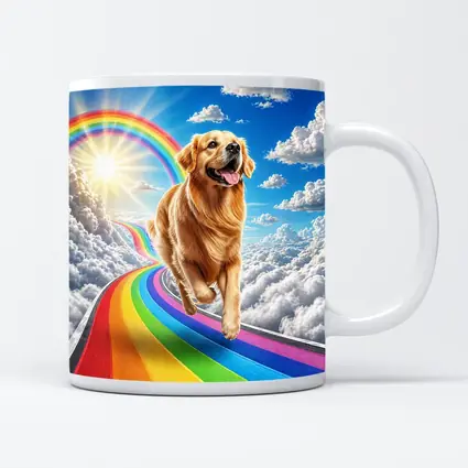 Golden Retriever Running on Rainbow Sky Road
