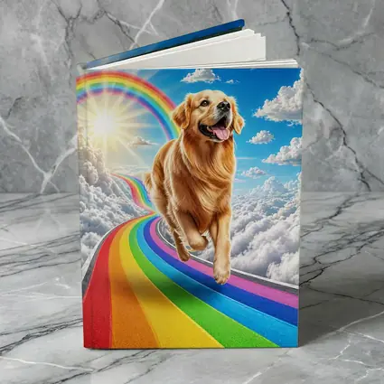 Golden Retriever Running on Rainbow Sky Road
