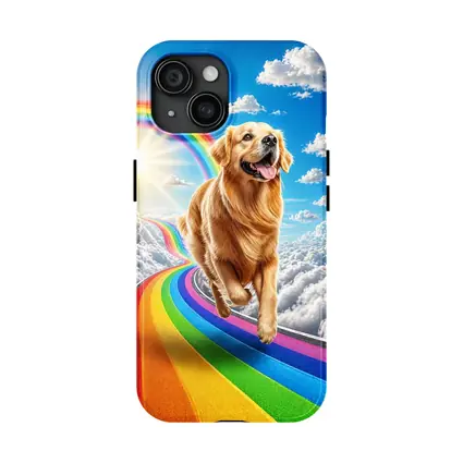 Golden Retriever Running on Rainbow Sky Road
