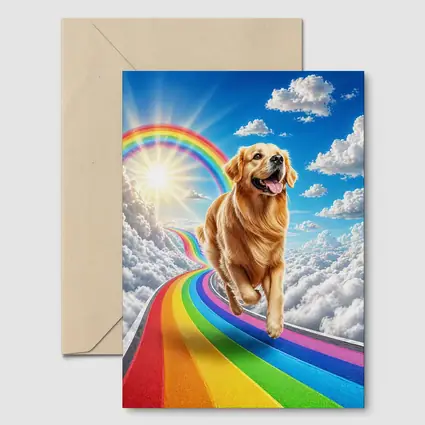 Golden Retriever Running on Rainbow Sky Road