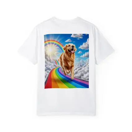 Golden Retriever Running on Rainbow Sky Road