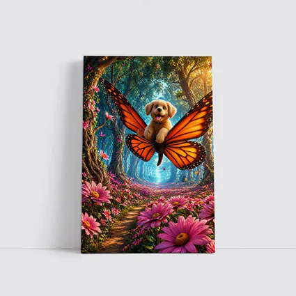 Golden Puppy Flying Butterfly Fantasy Forest Flowers