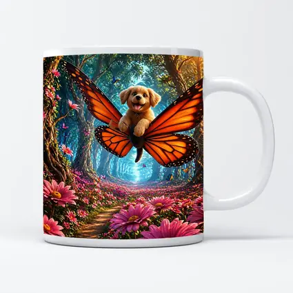 Golden Puppy Flying Butterfly Fantasy Forest Flowers