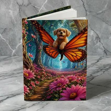 Golden Puppy Flying Butterfly Fantasy Forest Flowers