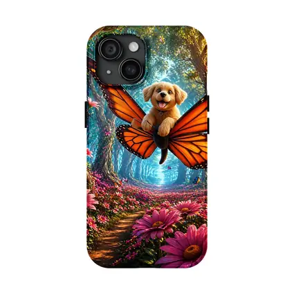 Golden Puppy Flying Butterfly Fantasy Forest Flowers