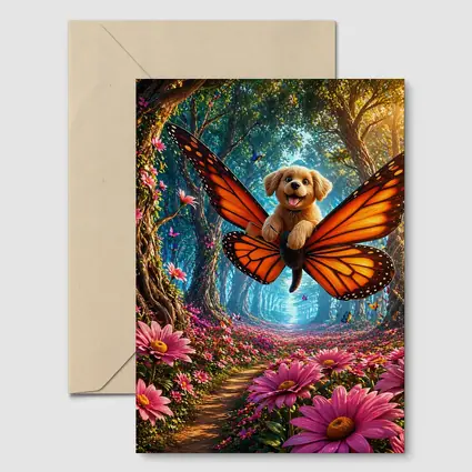 Golden Puppy Flying Butterfly Fantasy Forest Flowers