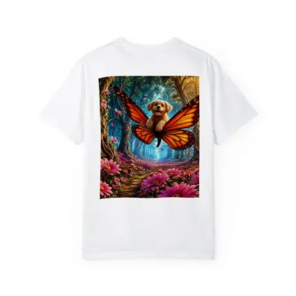 Golden Puppy Flying Butterfly Fantasy Forest Flowers