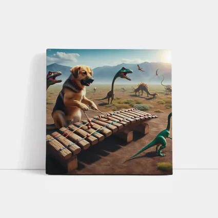 Dog Playing Xylophone With Dinosaurs Around