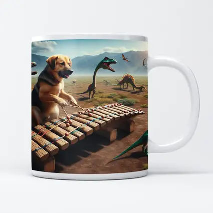 Dog Playing Xylophone With Dinosaurs Around