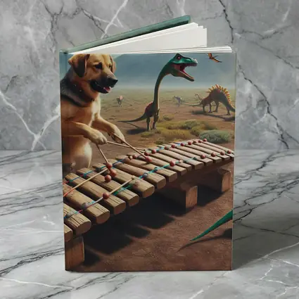 Dog Playing Xylophone With Dinosaurs Around