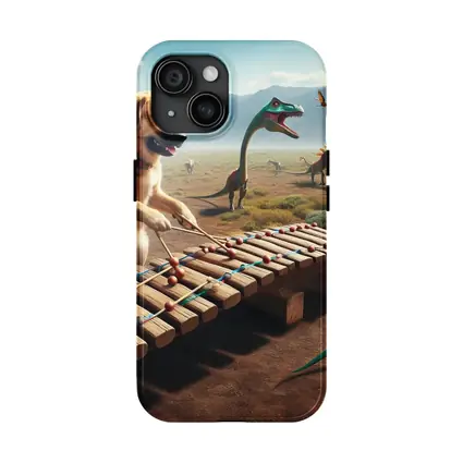 Dog Playing Xylophone With Dinosaurs Around