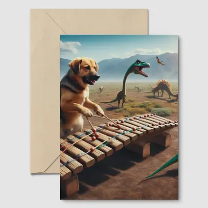Dog Playing Xylophone With Dinosaurs Around
