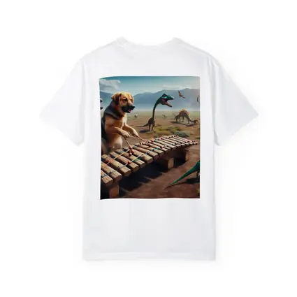 Dog Playing Xylophone With Dinosaurs Around