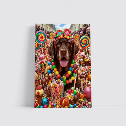 Chocolate Labrador Retriever Surrounded By Colorful Candy