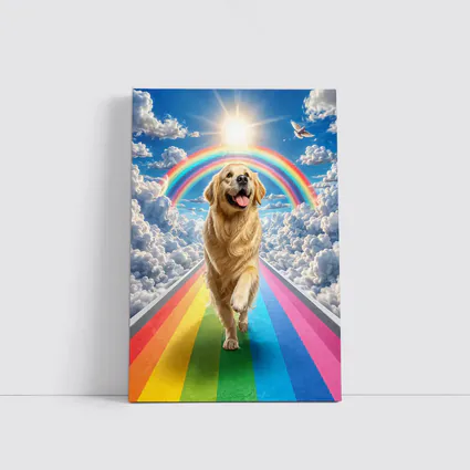 Golden Retriever Running Rainbow Bridge Sunny Sky