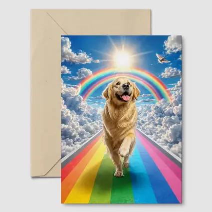 Golden Retriever Running Rainbow Bridge Sunny Sky