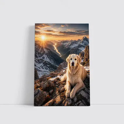 Golden Retriever Resting on Snowy Mountain Summit