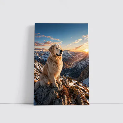 Golden Retriever Sitting on Snowy Mountain Summit