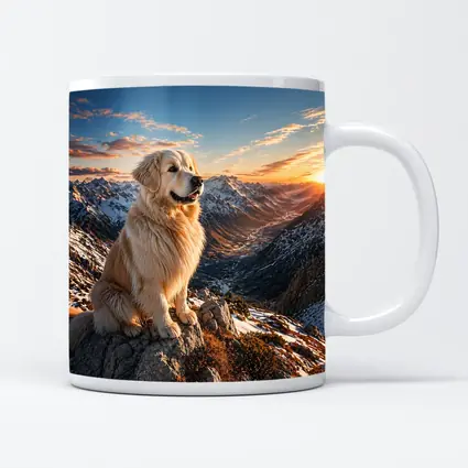 Golden Retriever Sitting on Snowy Mountain Summit