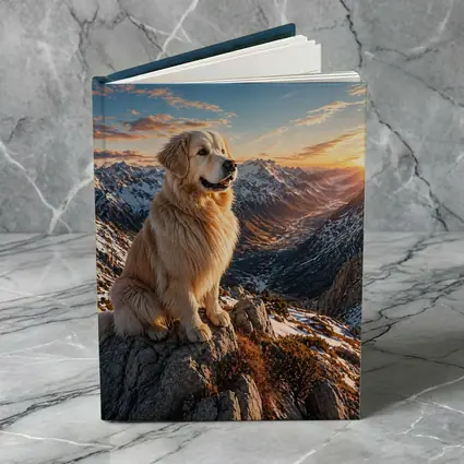 Golden Retriever Sitting on Snowy Mountain Summit
