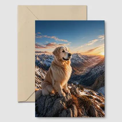 Golden Retriever Sitting on Snowy Mountain Summit