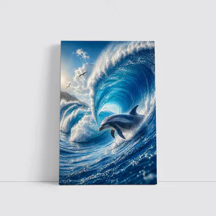 Dolphin Riding Giant Blue Ocean Wave