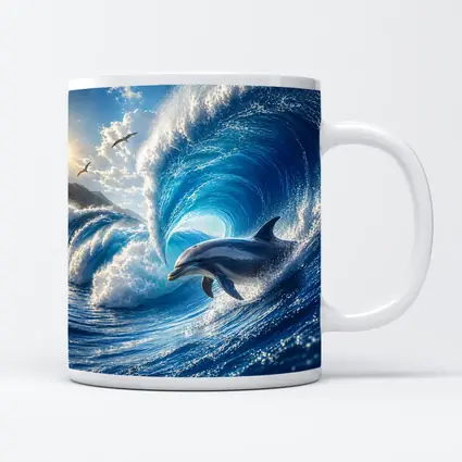 Dolphin Riding Giant Blue Ocean Wave