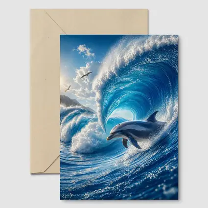 Dolphin Riding Giant Blue Ocean Wave