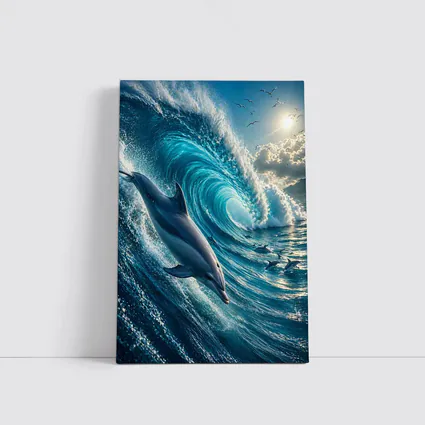 Dolphin Riding Massive Ocean Wave Sunlit Sky