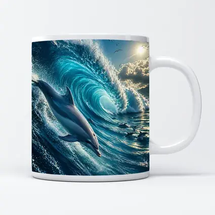 Dolphin Riding Massive Ocean Wave Sunlit Sky
