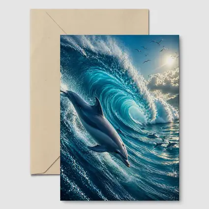 Dolphin Riding Massive Ocean Wave Sunlit Sky