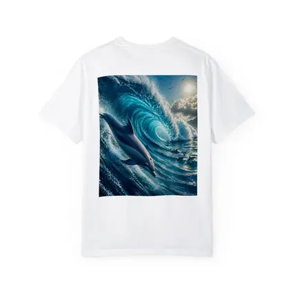 Dolphin Riding Massive Ocean Wave Sunlit Sky