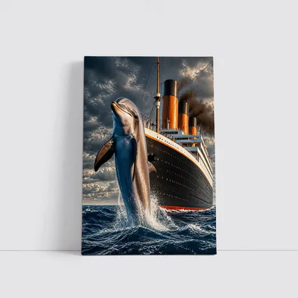 Dolphin Leaping Beside Classic Ocean Liner Ship