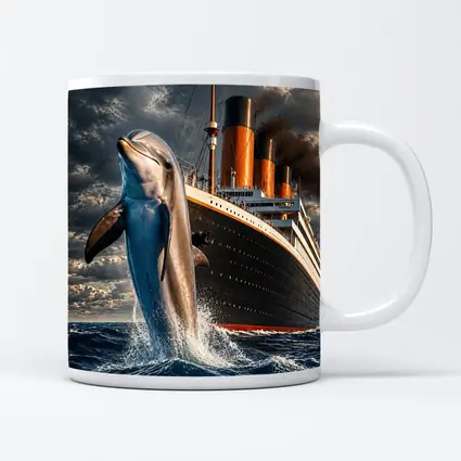 Dolphin Leaping Beside Classic Ocean Liner Ship