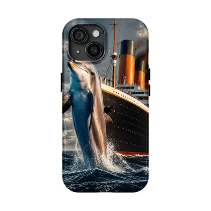 Dolphin Leaping Beside Classic Ocean Liner Ship