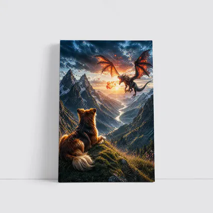 Dog Watching Dragon Over Mountain Valley