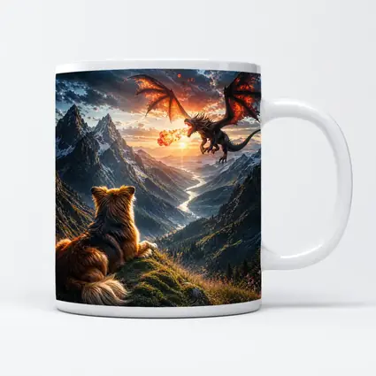 Dog Watching Dragon Over Mountain Valley