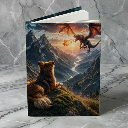 Dog Watching Dragon Over Mountain Valley