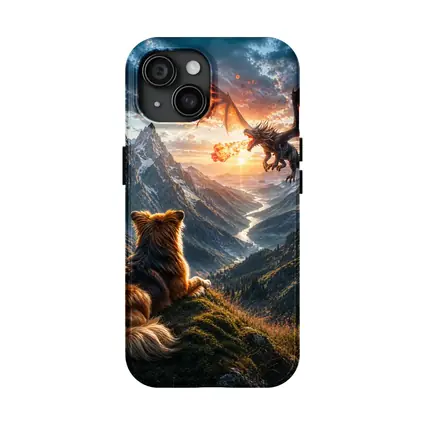 Dog Watching Dragon Over Mountain Valley
