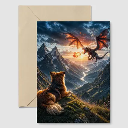 Dog Watching Dragon Over Mountain Valley
