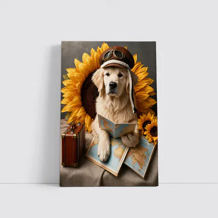Golden Retriever Traveler With Sunflowers Map