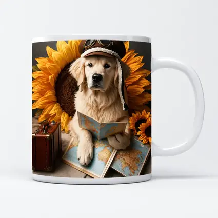 Golden Retriever Traveler With Sunflowers Map