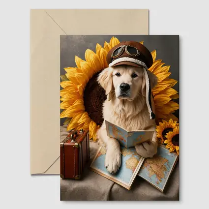 Golden Retriever Traveler With Sunflowers Map